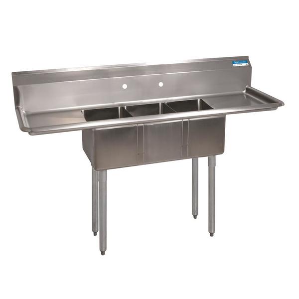 Bk Resources 19.8125 in W x 54 in L x Free Standing, Stainless Steel, Three Compartment Sink BKS-3-1014-10-12T